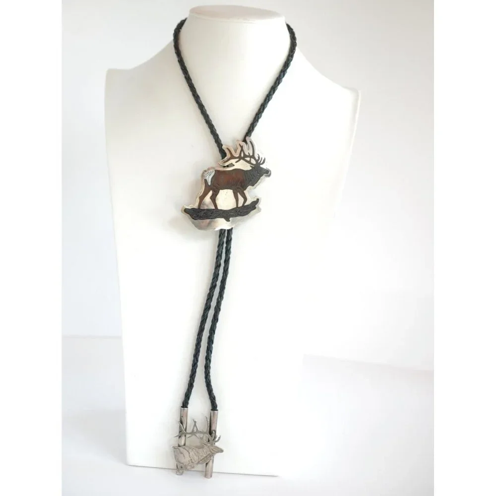 Zuni Native‎ American BULL ELK Bolo Tie by Dale Edaakie Handmade Vintage